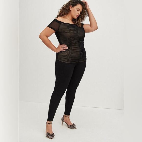 NWT Torrid Ruched Off-Shoulder Short Sleeve Mesh Top Black Nude 0/L/12 $39.50 - Picture 2 of 11